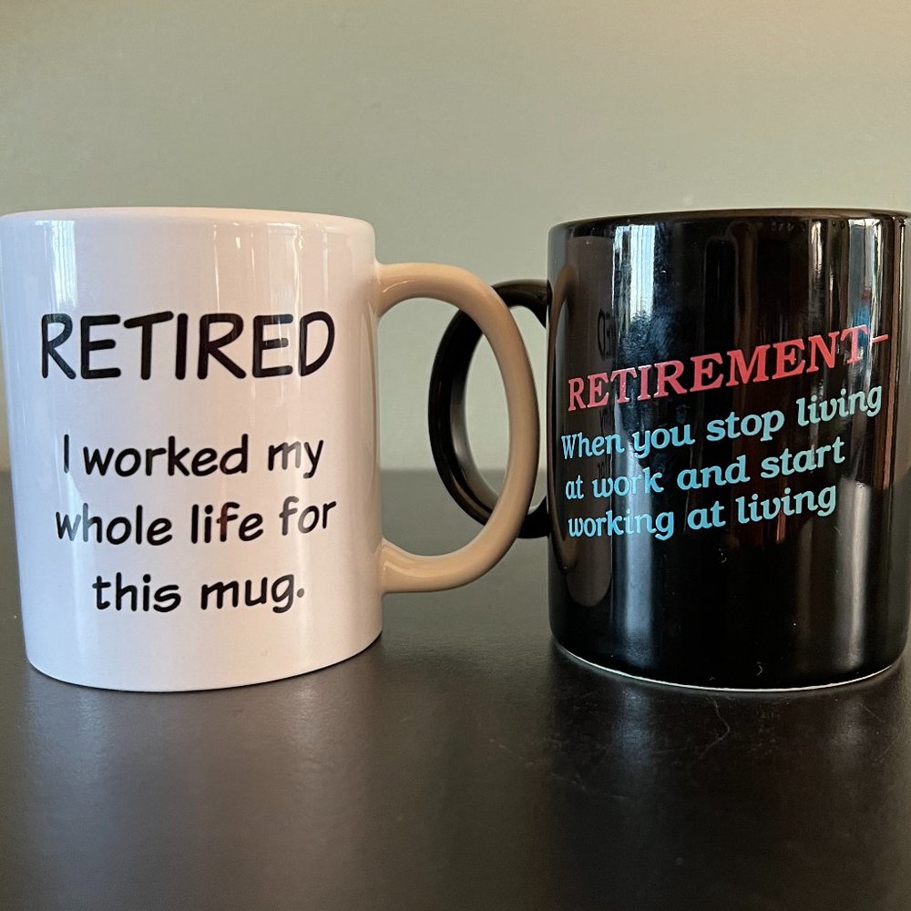 Retirement Novelty Gift Ceramic Coffee Mugs Set of 2 Tea Cups Coworker Gag Funny